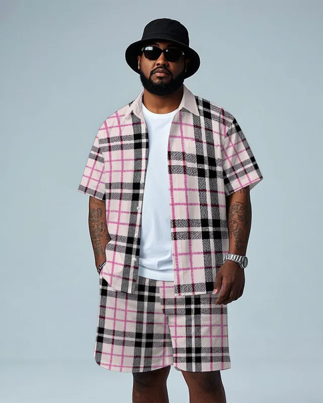 Men's Big Size Gentlemen Pink Plaid Printed Daily Casual Short Sleeve Shirt and Shorts Set sold by Biggmans