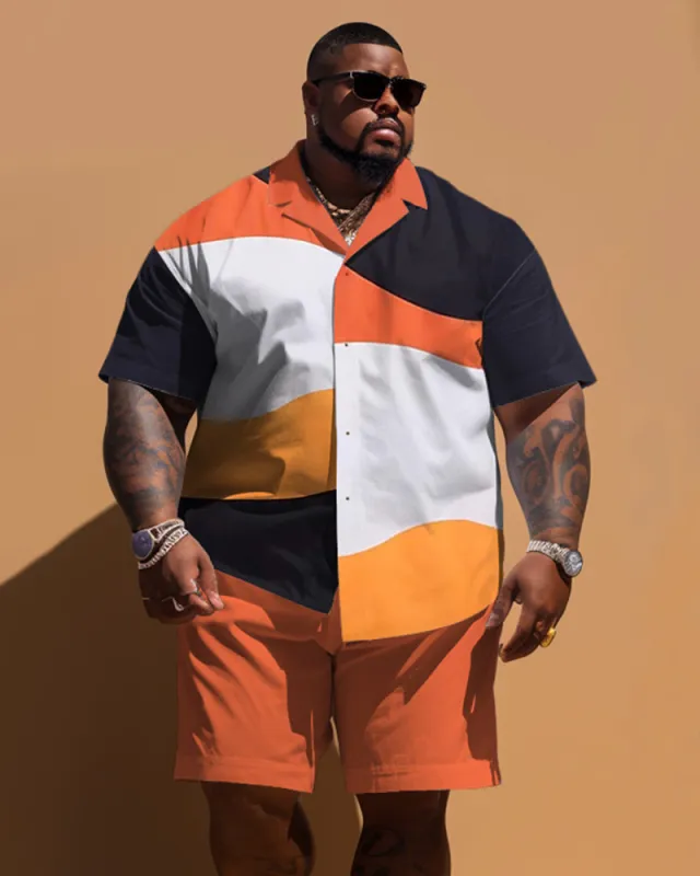 Big Guy's Simple Colorblock Short-sleeved Shirt And Shorts Set sold by Biggmans