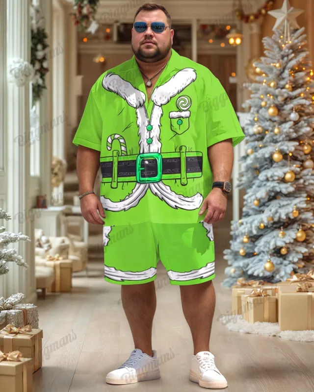 Men's Big & Tall Christmas Green Santa Cosplay Printed Short Sleeve Shirt Shorts Set sold by Biggmans