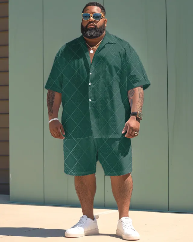 Big & Men's Fabric Texture Green Pattern Short Sleeve Shirt Shorts Set sold by Biggmans
