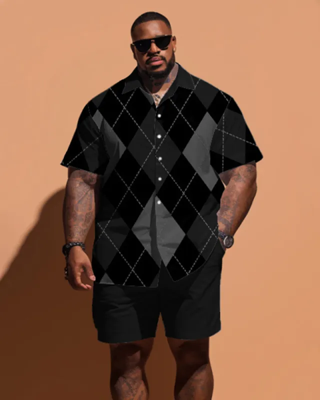 Big Men's Simple Diamond Plaid Short Sleeve Shirt Shorts Set sold by Biggmans