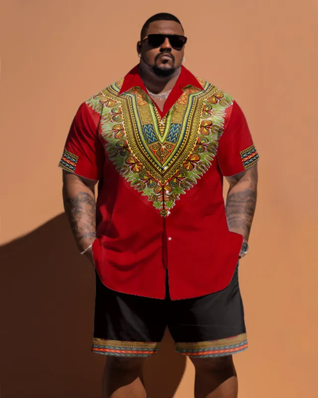 Big Men's Ethnic Pattern Short Sleeve Shirt And Shorts Set made by Biggmans