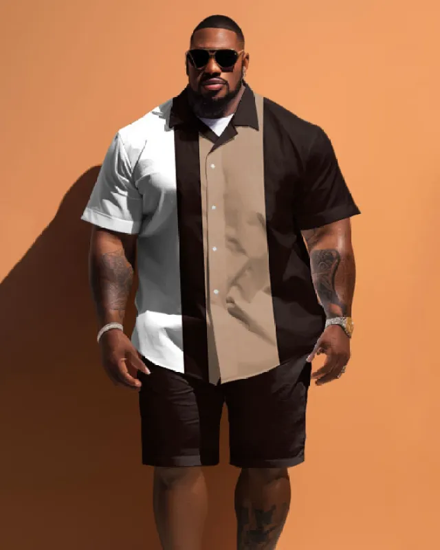 Big Guys Simple Striped Colorblock Printed Short Sleeve Shirt And Shorts Set sold by Biggmans