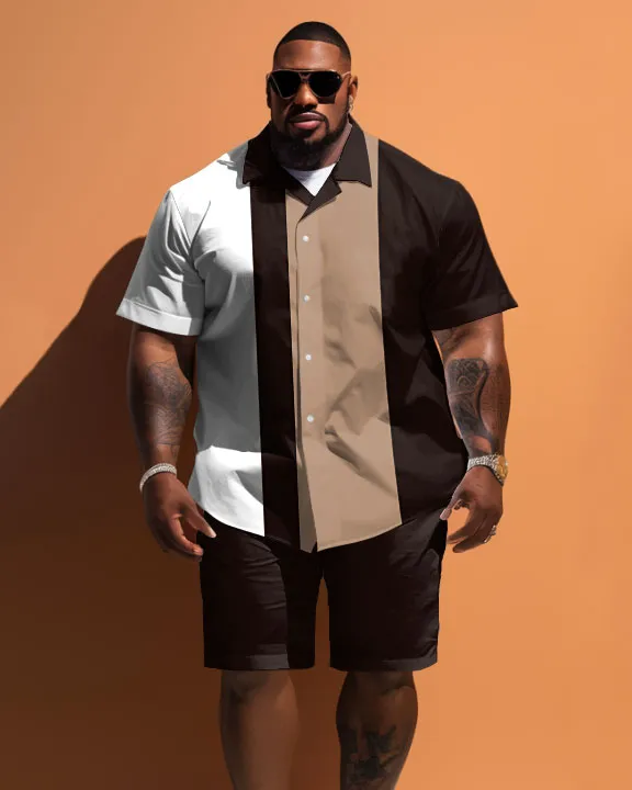 Big Guys Simple Striped Colorblock Printed Short Sleeve Shirt And Shorts Set sold by Biggmans