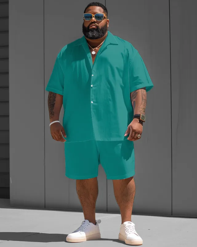 Big Men's Simple Green Solid Color Short Sleeve Shirt Shorts Set sold by Biggmans