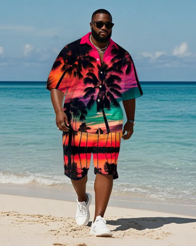 Men's Plus Size Hawaiian Rose Red Gradient Coconut Tree Print Shirt Shorts Suit sold by Biggmans