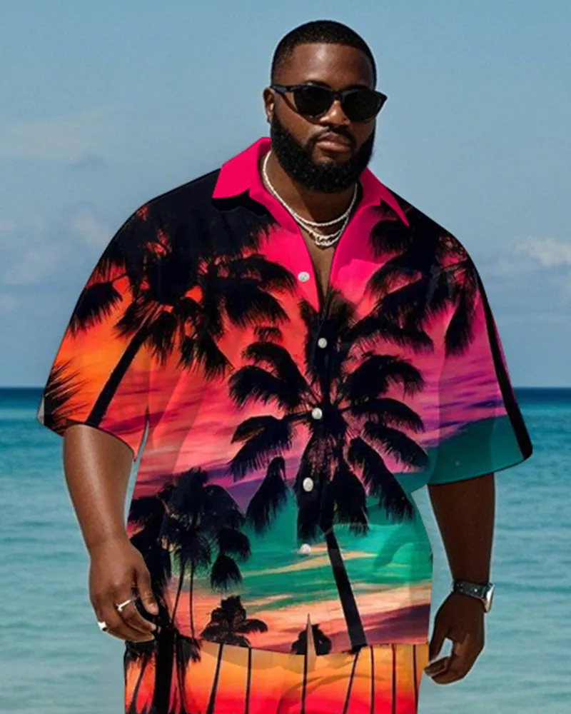 Men's Plus Size Hawaiian Rose Red Gradient Coconut Tree Print Shirt Shorts Suit sold by Biggmans product image thumbnail 2