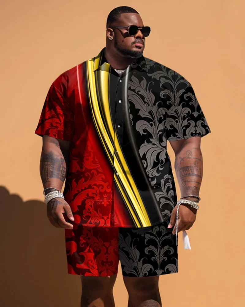 Big Guy's Retro Colorblock Pattern Short Sleeve Shirt Shorts Set sold by Biggmans