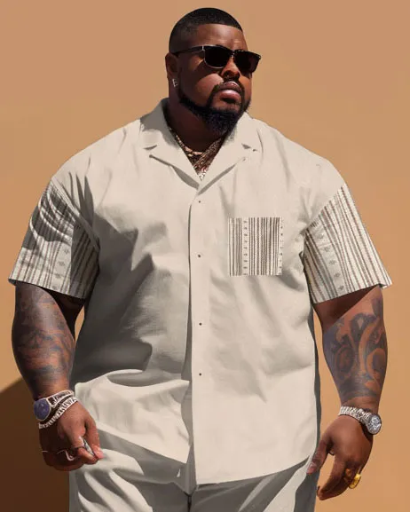 Big Men's Simple Stripe Patchwork Printed Pocket Short Sleeve Shirt Shorts Set sold by Biggmans product image thumbnail 2