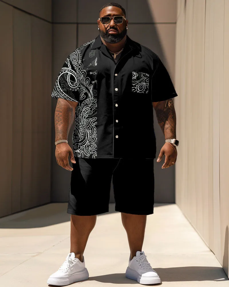 Big Men's Casual Vacation Vintage Paisley Print Pocket Shirt Shorts Set sold by Biggmans