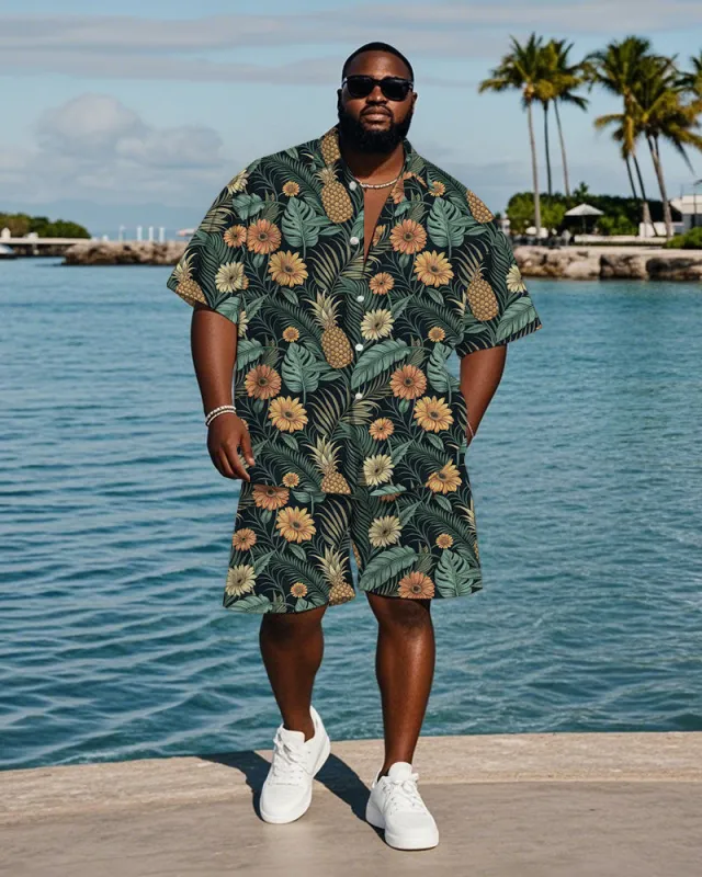 Men's Plus Size Hawaiian Chrysanthemum Pineapple Leaf Print Shirt Shorts Suit sold by Biggmans