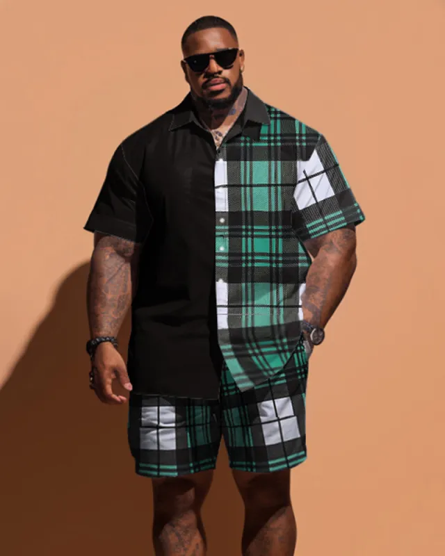 Big Guys Simple Plaid Pattern Stitching Short Sleeve Shirt Shorts Set sold by Biggmans