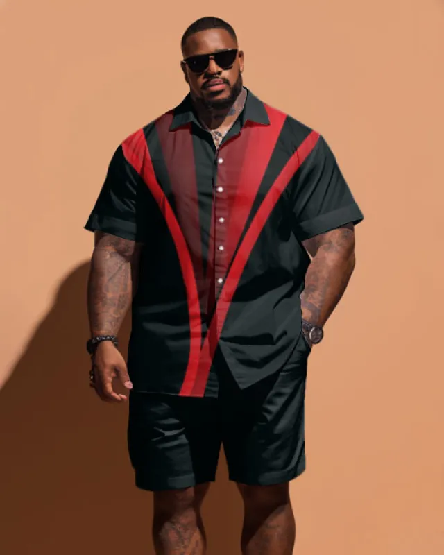 Big Guy's Simple Line Print Short-sleeved Shirt And Shorts Set sold by Biggmans