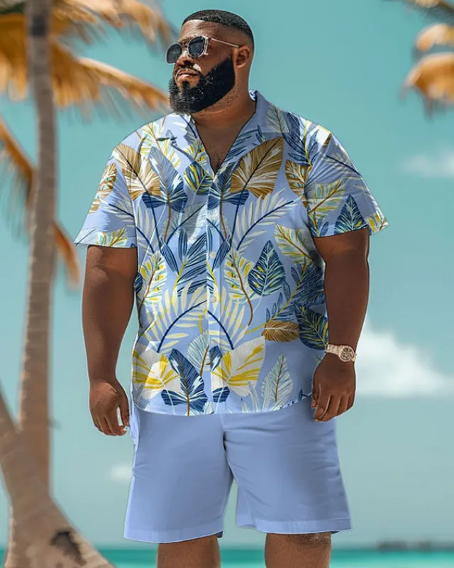 Men's Big and Tall Hawaiian Blue Tropical Leaf Print Shirt Shorts Set sold by Biggmans