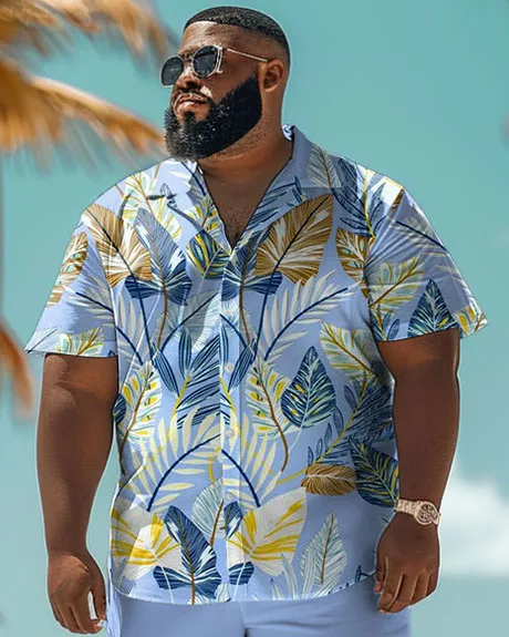 Men's Big and Tall Hawaiian Blue Tropical Leaf Print Shirt Shorts Set sold by Biggmans product image thumbnail 3