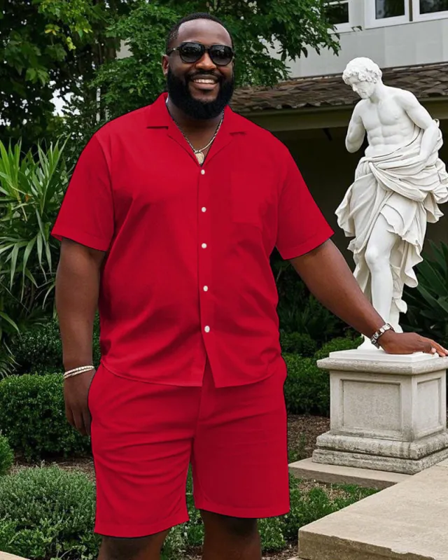 Solid Red Cuban Nose Short Sleeve Shirt Shorts Suit Men's Plus Size sold by Biggmans