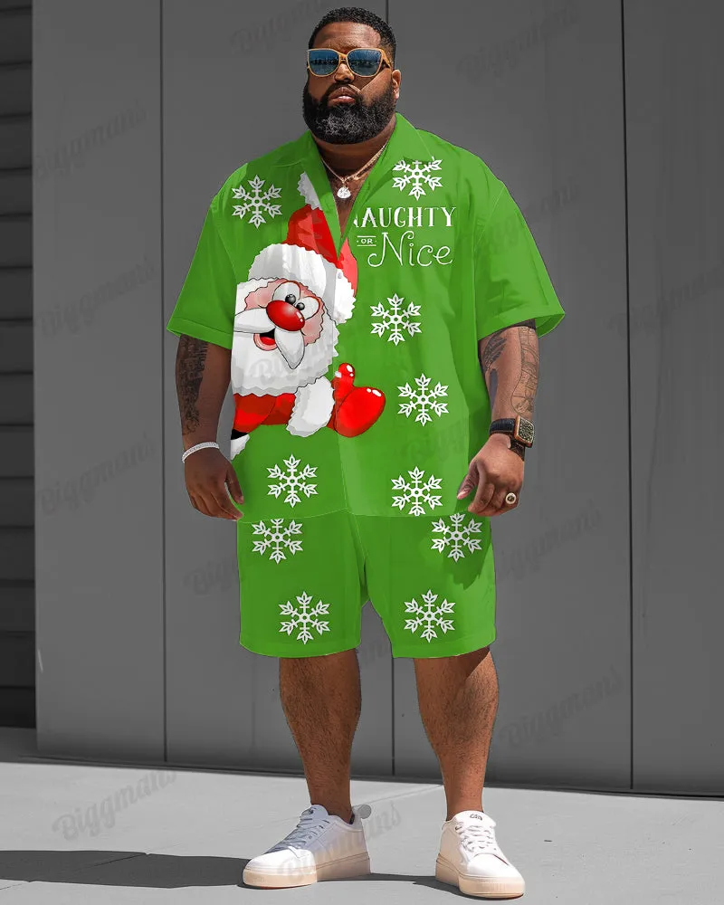 Big Guys Christmas Green Snowflake Santa Print Shirt Shorts Set sold by Biggmans