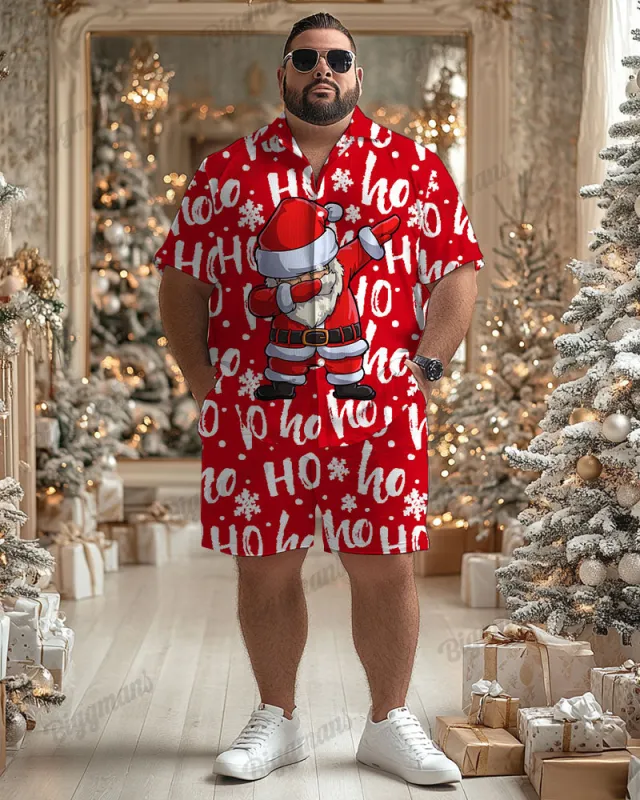 Big Men's Christmas Red Cartoon Letter Print Short Sleeve Shirt Shorts Set sold by Biggmans
