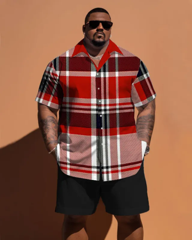 Big Men's Classic Red Plaid Short Sleeve Shirt Shorts Set made by Biggmans