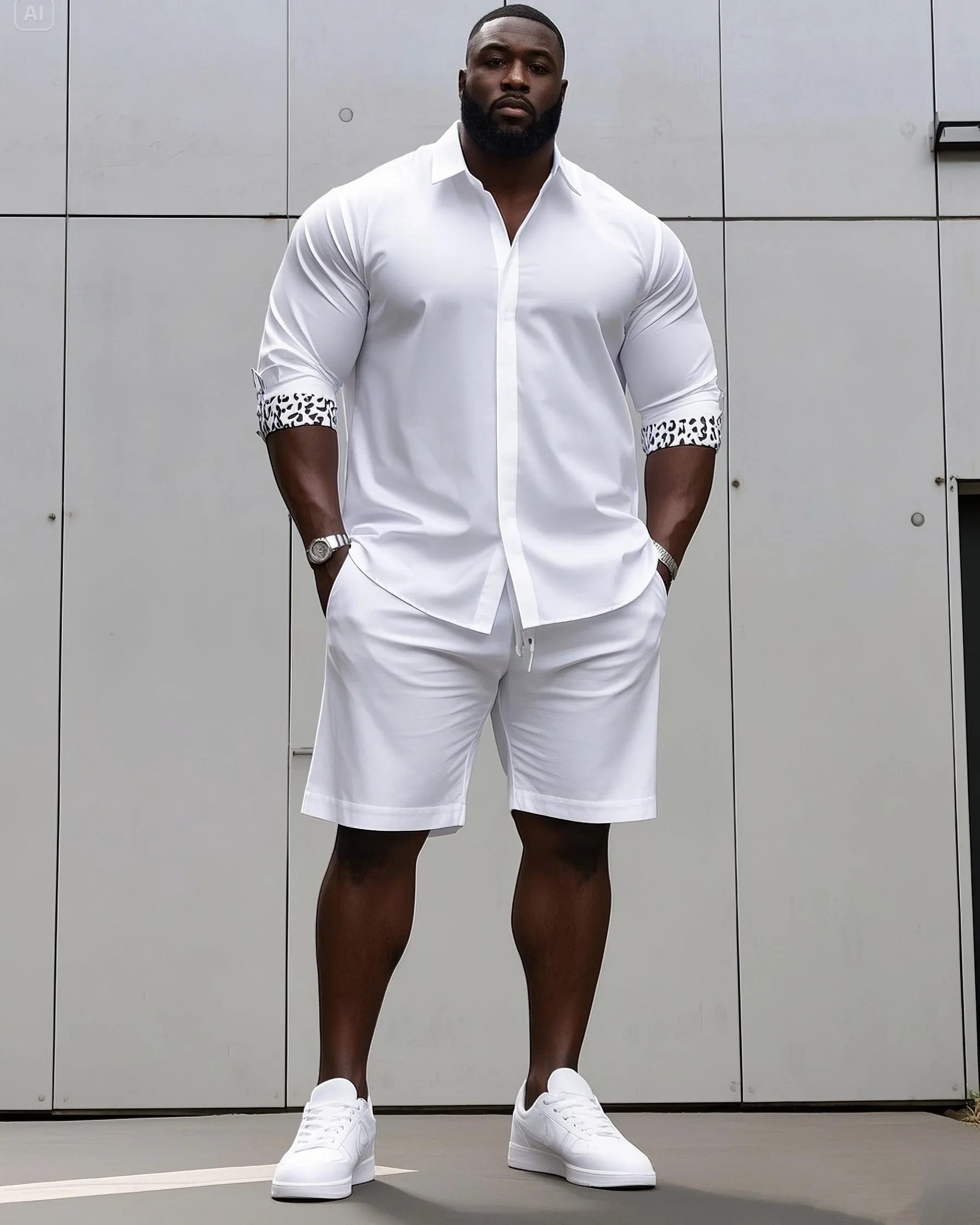 Men's plus-size casual daily long-sleeved shirt and shorts suit sold by Biggmans product image thumbnail 2