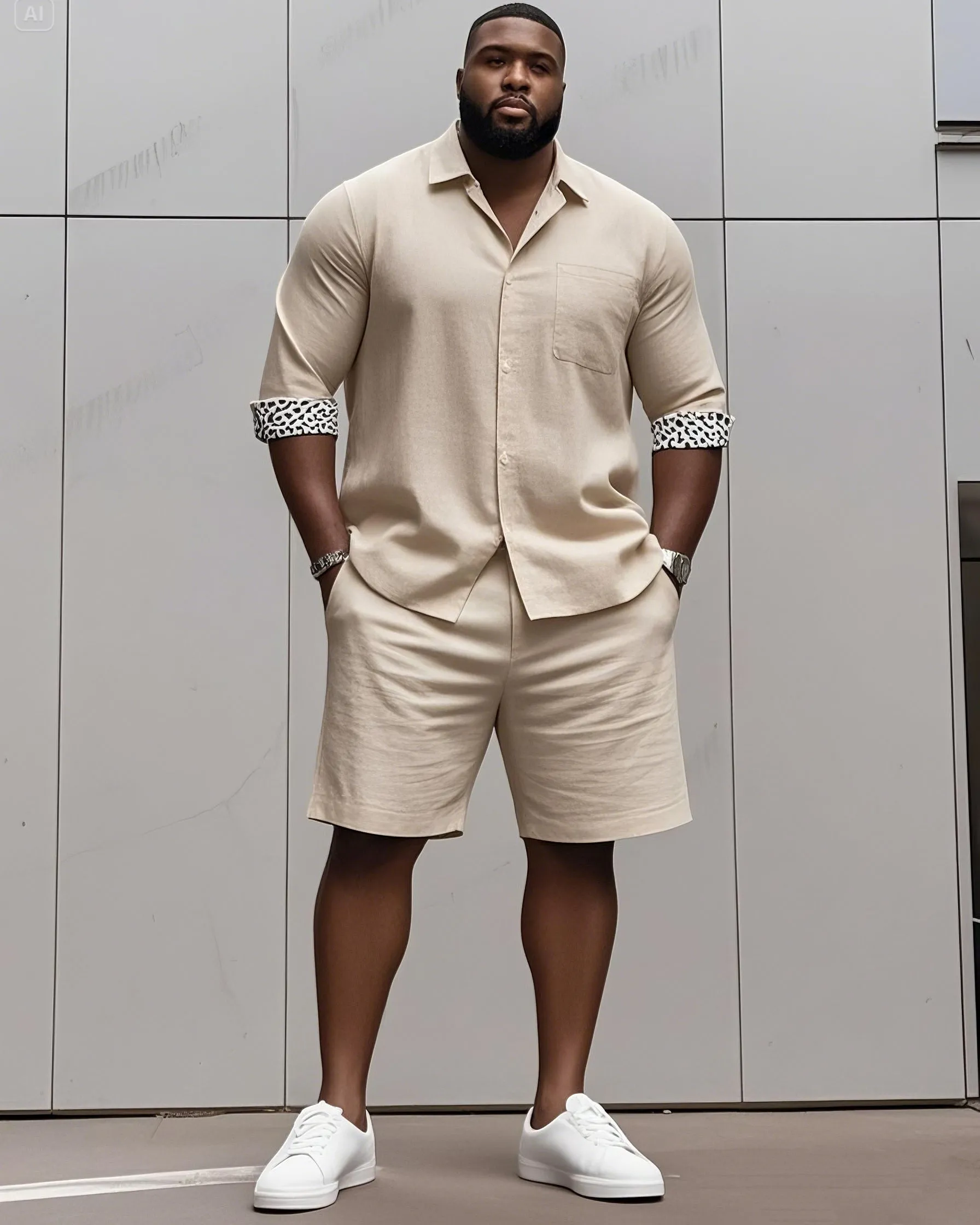 Men's plus-size casual daily long-sleeved shirt and shorts suit sold by Biggmans