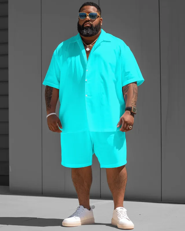 Big Men's Fluorescent Aqua Blue Solid Color Short Sleeve Shirt Shorts Set sold by Biggmans