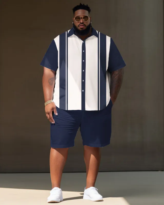 Big Men Striped Color Block Short Sleeve Shirt Shorts Set sold by Biggmans