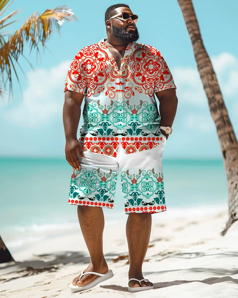 Men's Big Size Casual Floral Print Retro Short Sleeve Shirt Shorts Set sold by Biggmans