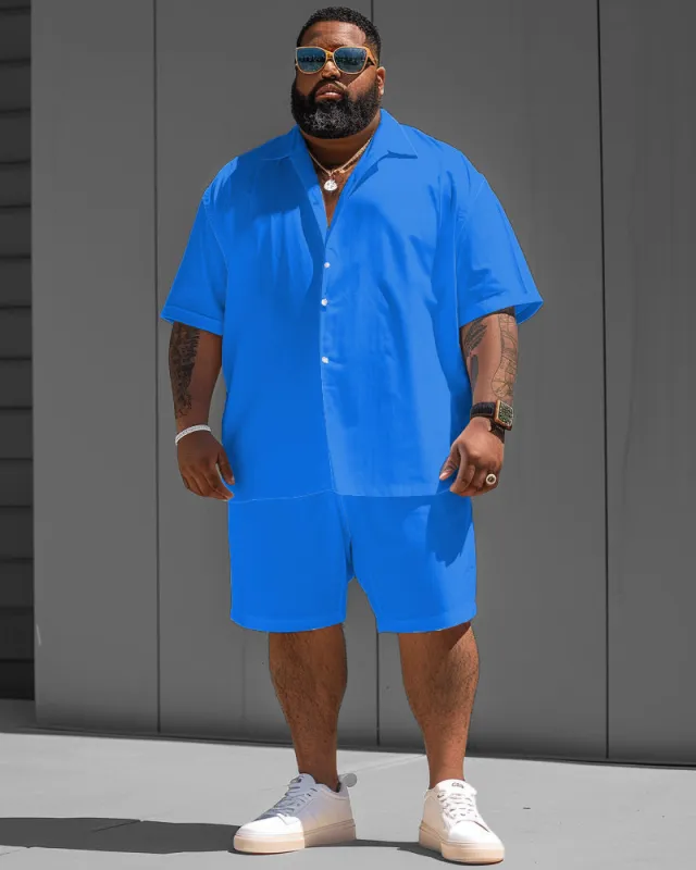 Big Men's Simple Blue Solid Color Short Sleeve Shirt Shorts Set sold by Biggmans