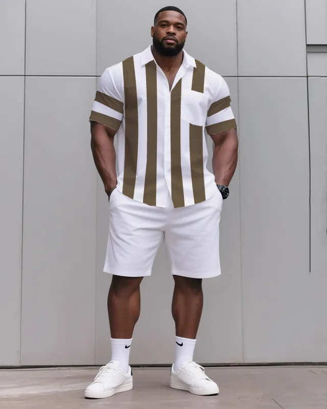 Big & Tall Men's Daily Casual Khaki Striped Shirt Shorts Suit sold by Biggmans