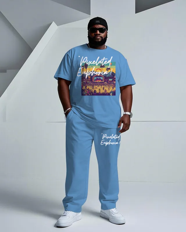 Men's Plus Size Street Fashion Pixelated Euphoria Pixel Music Festival Stage Print T-Shirt Trousers Suit sold by Biggmans
