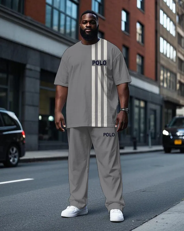 Men's Simple Stripe POLO Letter Printed Big and Tall Short Sleeve T-shirt Pants Set sold by Biggmans