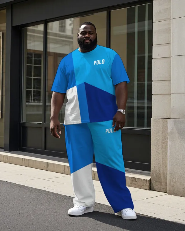 Men's Street Fashion Color Block POLO Letter Printed Big and Tall Casual Short Sleeve T-shirt Pants Set sold by Biggmans