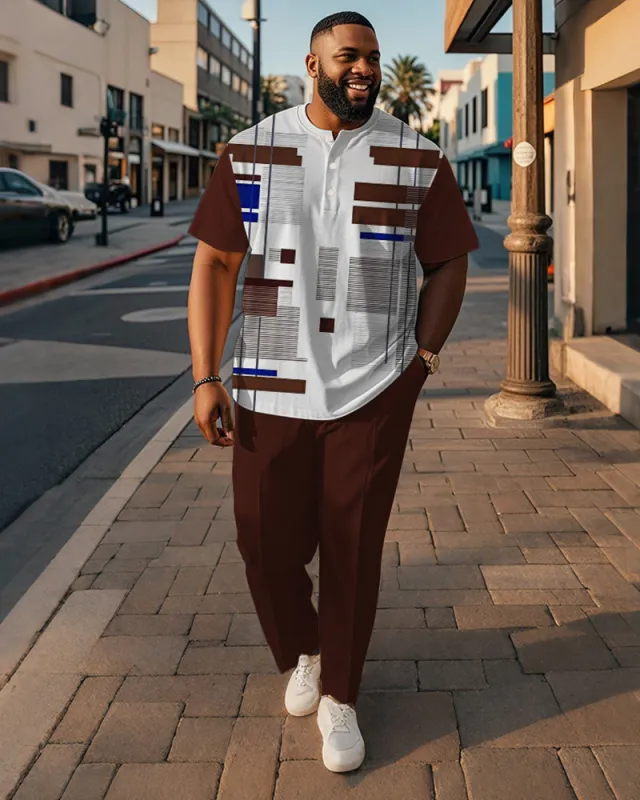 Men's Plus Size Brown Colorblock Stripe Geometric Print Henley Collar T-Shirt Trousers Suit sold by Biggmans