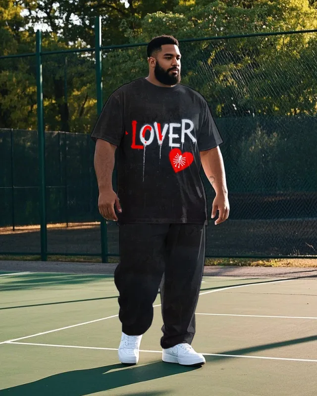 Men's Fashion LOVER Heart Printed Big & Tall Short Sleeve T-shirt Pants 2-piece Set sold by Biggmans
