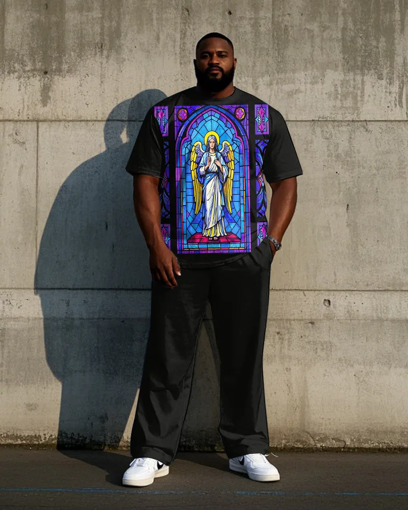 Big Men's Outdoor Retro Mural Savior Printed 2-Piece Short Sleeve T-shirt Pants Set sold by Biggmans