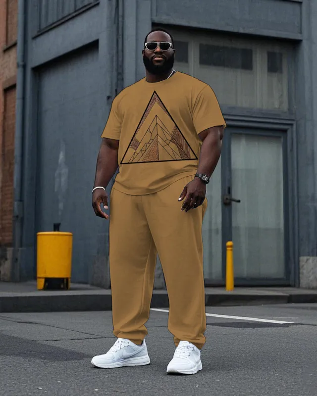 Big Men's Simple Retro Triangle Pattern Printed Short Sleeve T-shirt Pants 2-Piece Set sold by Biggmans