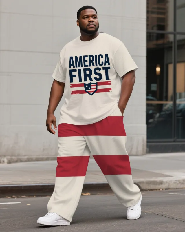 Big Men's Outdoor America First Splicing Stripes Style Casual Short Sleeve T-shirt Pants Suit sold by Biggmans