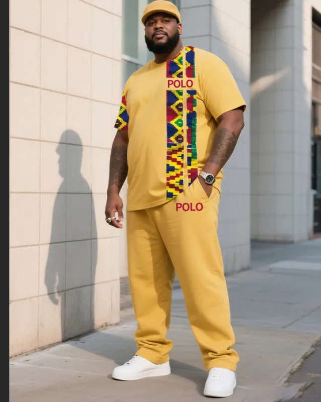 Big Boy Daily Casual Shenbulun Yellow Creative Stitching Texture Polo English Short-sleeved Pants Suit sold by Biggmans