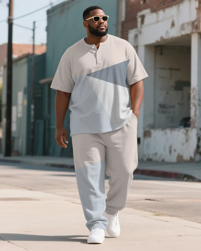 Men's Plus Size Blue Apricot Colorblock Printed Henley Collar T-Shirt Trousers Suit sold by Biggmans