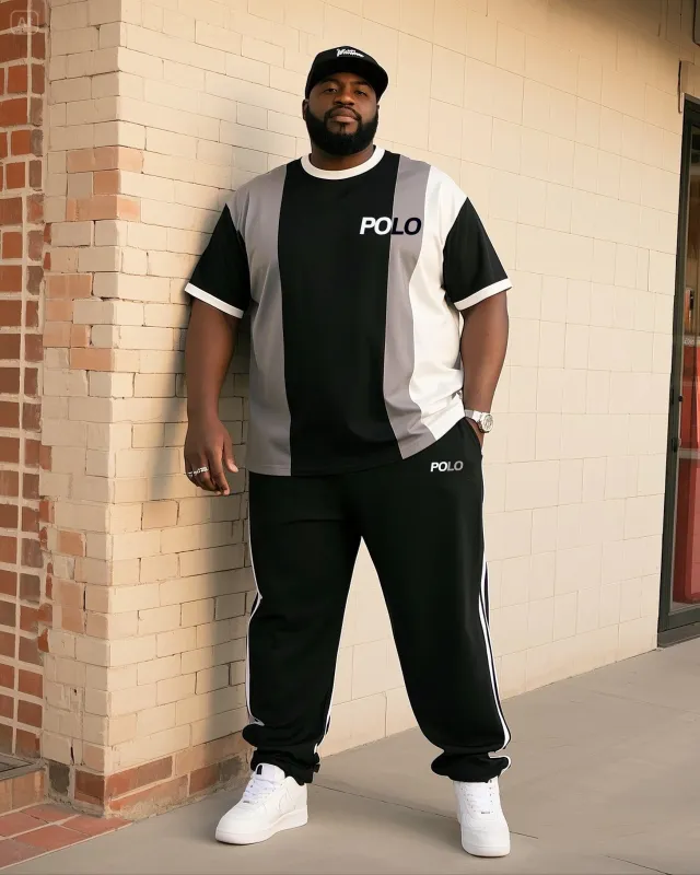 Big Boy's Daily Casual Simple Classic Geometric Black And White Grey Color-matching Crewneck Short-sleeved T-shirt Striped Trousers sold by Biggmans