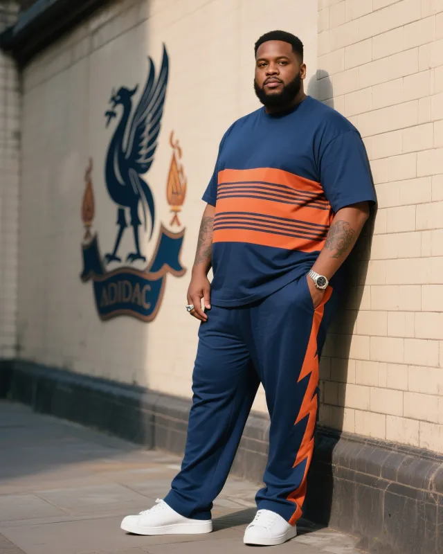 Big Boy Daily Casual Prussian Blue Spelling Hermes Orange Striped Crewneck Short Sleeve T-shirt Flame Trousers Suit sold by Biggmans