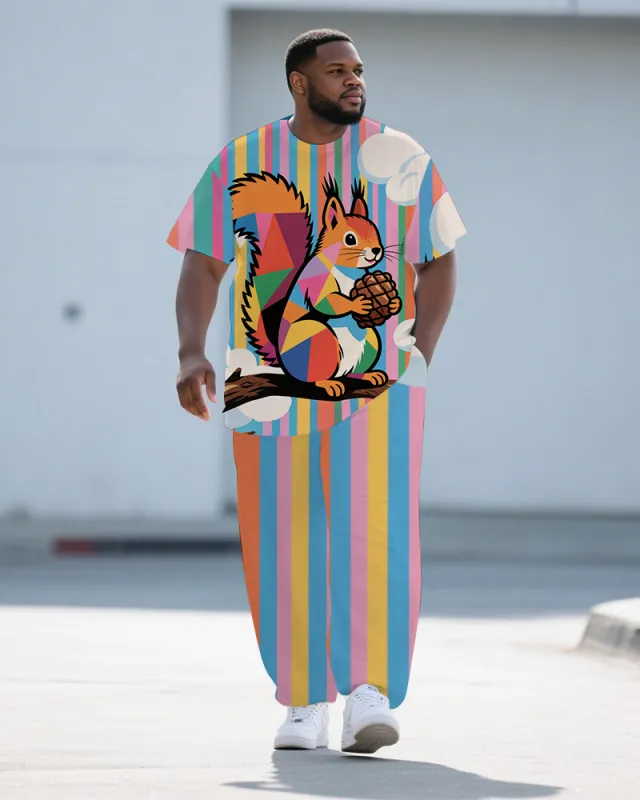 Men's Fashion Cartoon Squirrel and Stripe Printed Big and Tall Short Sleeve T-shirt Pants Set sold by Biggmans