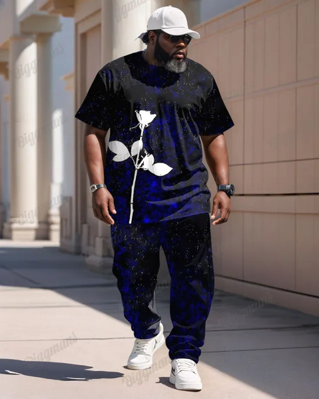 Men's Plus Size Black And Blue Colorblock Graffiti Floral Print T-Shirt Trousers Suit sold by Biggmans