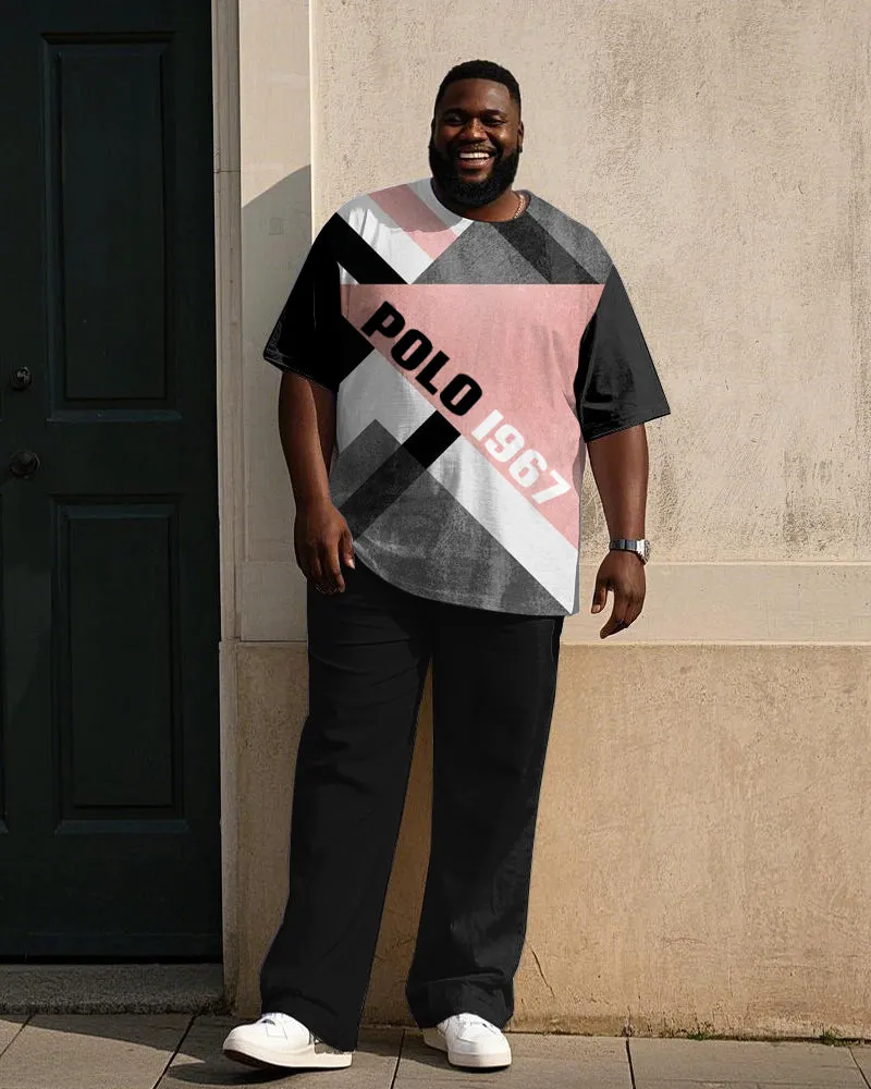 Men's Plus Size Gray Pink Black Simple POLO1967 Geometric Print T-shirt Trousers Suit sold by Biggmans
