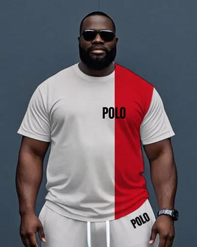 Big Men's Simple Red and White Color Block POLO Printed Short Sleeve T-shirt Drawstring Pants Set sold by Biggmans product image thumbnail 2