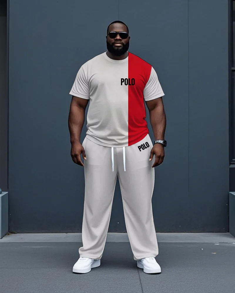 Big Men's Simple Red and White Color Block POLO Printed Short Sleeve T-shirt Drawstring Pants Set sold by Biggmans