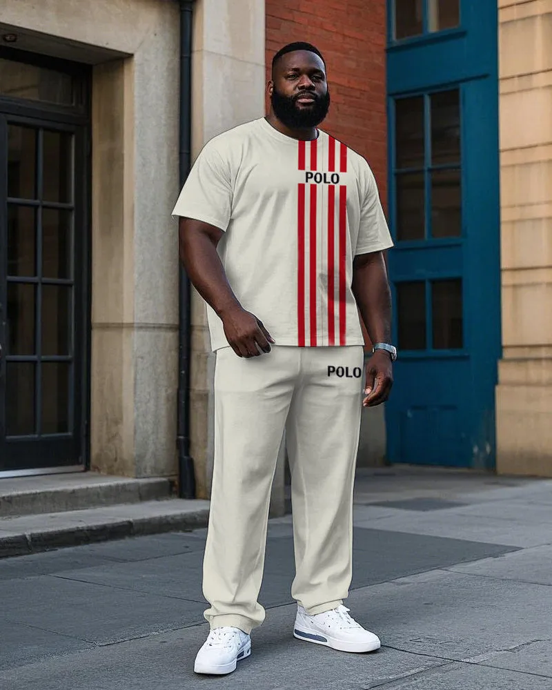 Big Men's Simple Fashion Red Stripe POLO Letter Printed Casual Short Sleeve T-shirt Pants Set sold by Biggmans