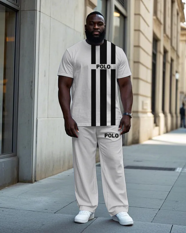 Big Men's Simple Sporty Black Stripe POLO Letter Printed Fashion Short Sleeve T-shirt Pants Set sold by Biggmans