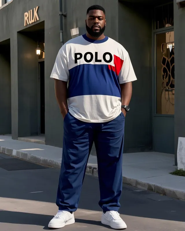 Plus Size Men's Simple Blue And Red Striped POLO Letter Printing Casual Short Sleeve T-shirt Pants Suit sold by Biggmans